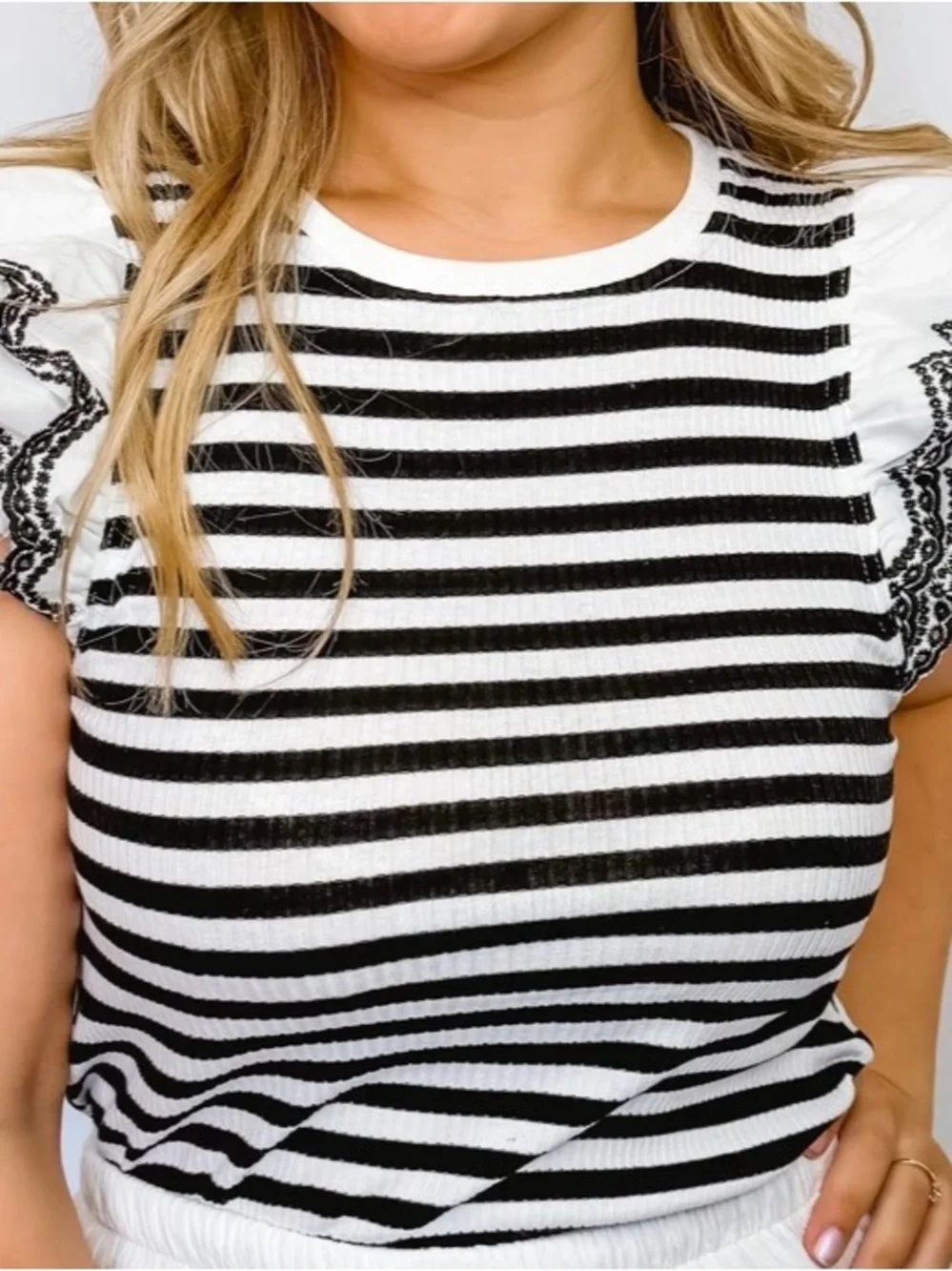 Striped Ruffle Sleeve Knit Top - Black & White - Picture 5 of 6